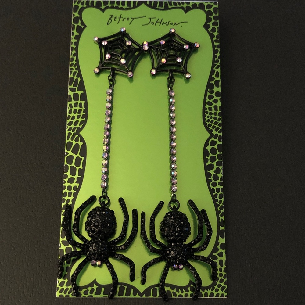 Betsey Johnson Black Spider Web & Spider Linear Drop Earrings Crystal Chain NWT